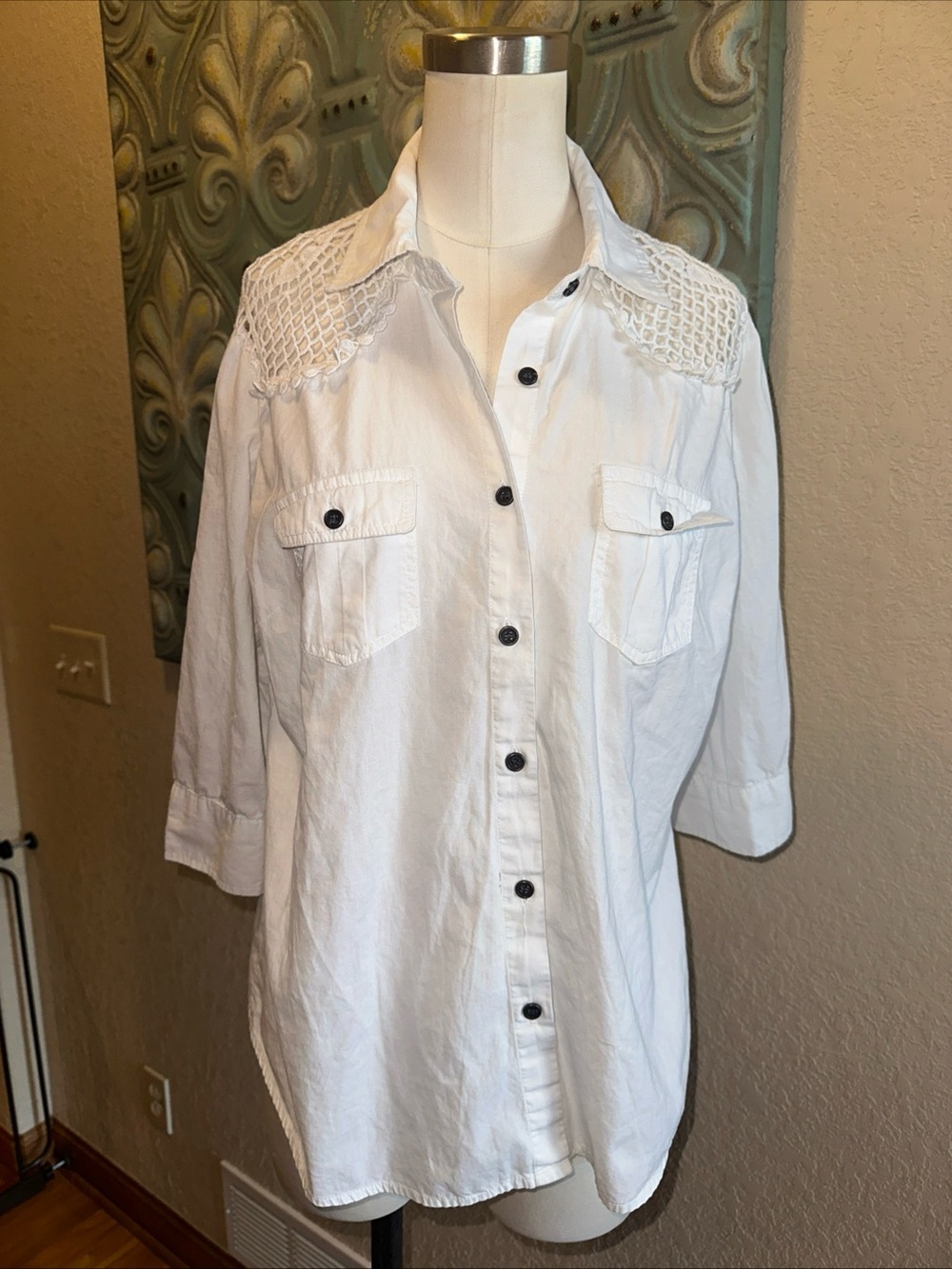 Millennium Womens Large White Crochet Lace Button Down Shirt Boho Cotton Tunic